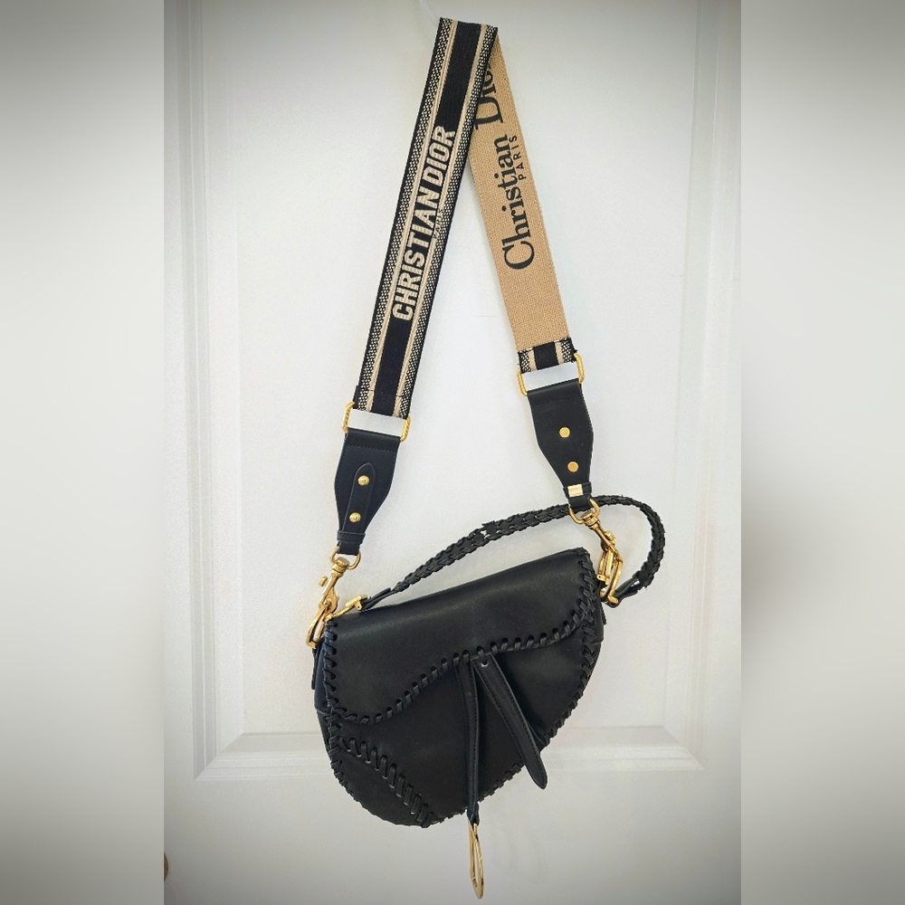 Black Leather Woven Saddle Bag